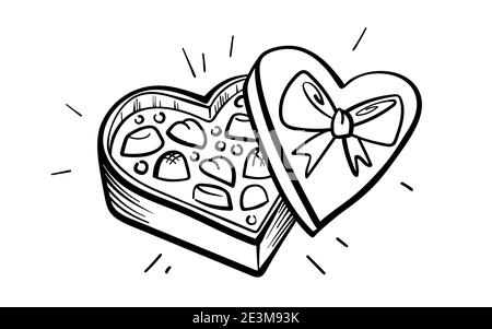 Hand drawn sketch of chocolate sweets box on a white background. Valentines Day. Sweets box for Valentine s day Stock Vector