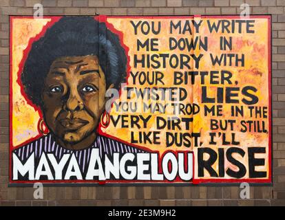 Mural on boards over a storefront window with a quote from Maya Angelou during the civil unrest after the killing of George Floyd in Minneapolis Stock Photo