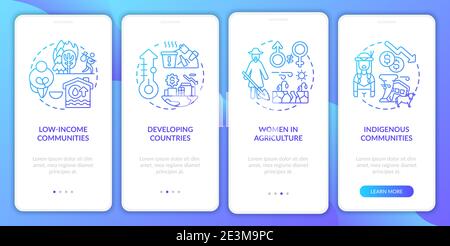Climate poverty risk groups onboarding mobile app page screen with concepts Stock Vector
