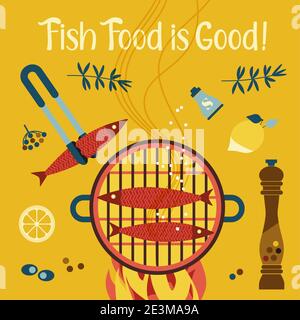 BBQ seafood cooking flat color vector poster Stock Vector