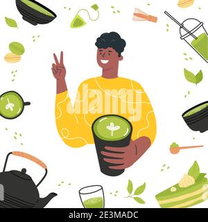 Man with a cup of tea matcha Stock Vector