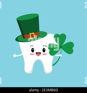 St Patrick tooth in leprechaun hat and shamrock in hand. Stock Vector