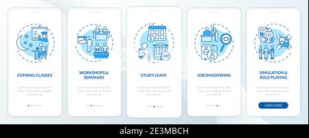 Staff development types onboarding mobile app page screen with concepts Stock Vector