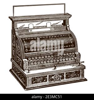 Antique mechanical cash register, in three-quarter view. Illustration after an engraving from the early 20th century Stock Vector