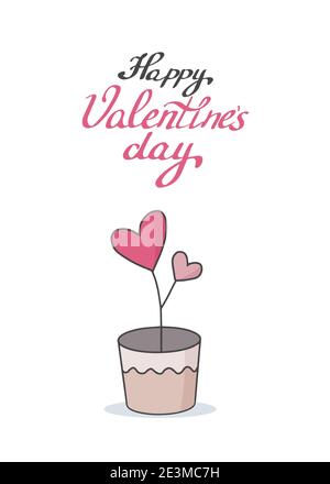 Doodle for Valentines Day, wedding, romantic events. Flower with leaves in the shape of a heart in a flower pot. Stock Vector