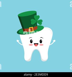 St Patrick day tooth in green leprechaun hat with shamrock. Stock Vector