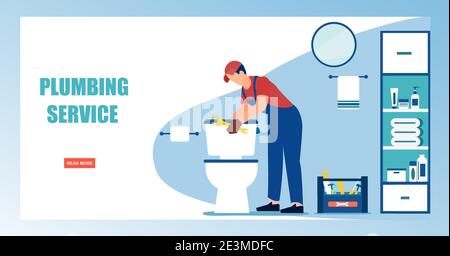 Online plumbing service concept. Vector of a man plumber fixing a toilet Stock Vector