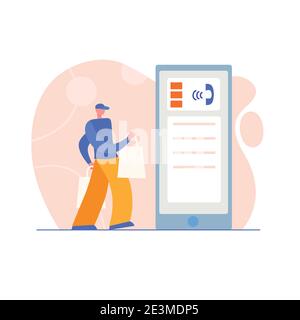 Concept of landing page on delivery service theme, package tracking in mobile application. Cartoon flat design style. Young man, courier with full Stock Vector