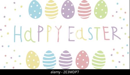 Easter greeting card with cute colourful painted easter eggs in pastel colors with dots and stripes and hand write lettering Happy Easter isolated on Stock Vector