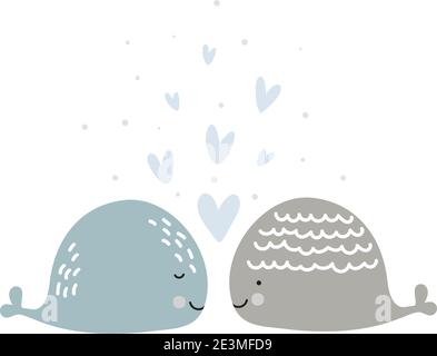 Romantic greeting card with two whales in love. Card about friendship with hearts. Valentines Day card, poster or print template. Vector scandinavian Stock Vector