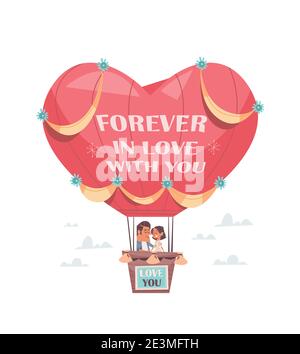 Love poster with happy couple flying in hot air balloon above mountain ...
