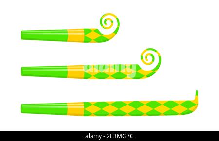 Rolled and unrolled party noise makers, blowers, sound whistles isolated on white background. Side view. New year, Christmas, kids birthday celebration. Vector cartoon illustration. Stock Vector