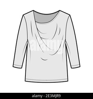 T-Shirt draped technical fashion illustration with long sleeves, tunic length, oversized. Apparel blouse top outwear template front, grey color. Women men unisex CAD mockup Stock Vector