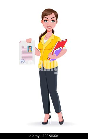 Young beautiful business woman holding signed resume. Cute businesswoman cartoon character in flat style. Stock vector illustration Stock Vector