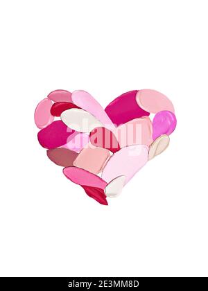 Valentine's Day background. Red and pink lipstick smeared in the shape of heart. Isolated on white background. Cosmetic products Stock Photo