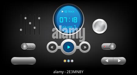 Hi-End User Interface Elements.Buttons, Switches, bars, power buttons, sliders. Vector illustration.Eps10 Stock Vector