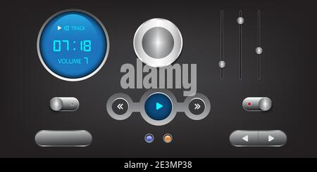 Hi-End User Interface Elements.Buttons, Switches, bars, power buttons, sliders. Vector illustration.Eps10 Stock Vector