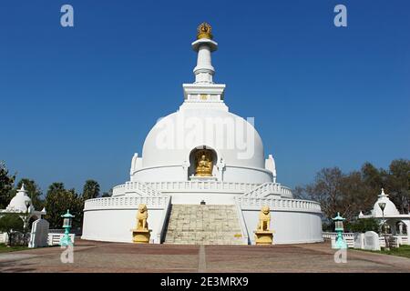 Vishwa Shanti Stupa, also called the Peace Pagoda. Stupa comprises four golden statues of Lord Buddha with each representing his life periods of birth Stock Photo