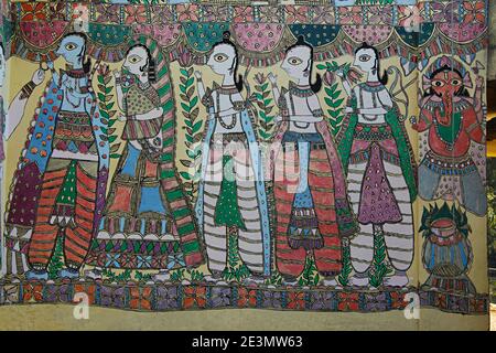 Madhubani painting on wall. Madhubani, Bihar, India Stock Photo