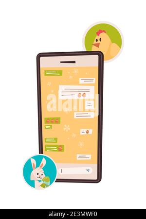 cute rabbit chatting with chick in mobile app happy easter spring holiday celebration greeting card poster vertical vector illustration Stock Vector