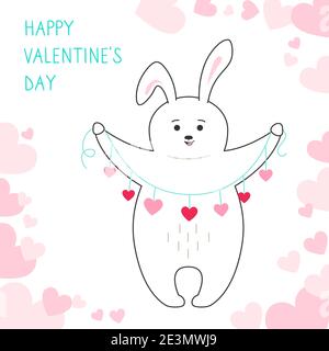 Happy valentines Day greeting card, rabbit holding garland of hearts. Draw doodle cartoon style. Romantic banner cute hand drawn rabbit. Design for print, about love hearts vector illustration Stock Vector