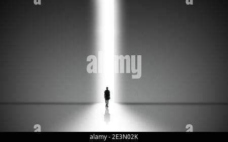young man walking through light of way in high wall. Rear view. 3d rendering. Businessman ways concept