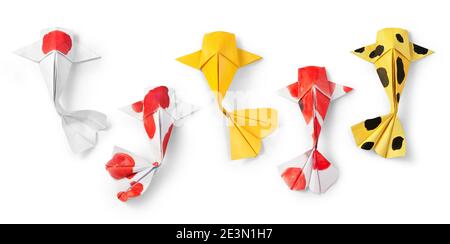 handmade paper craft origami koi carp fish on white background. Stock Photo