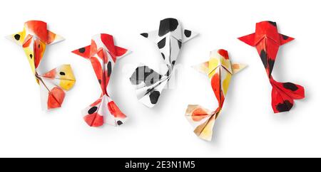 handmade paper craft origami koi carp fish on white background. Stock Photo