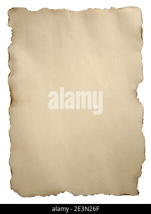 Blank old vintage parchment scroll paper sheet with burnt edges isolated on white background Stock Photo