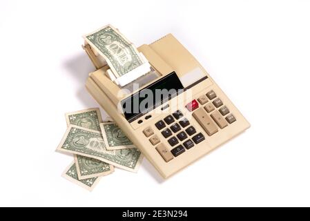 Old fashioned calculator dollars, isolated on white Stock Photo