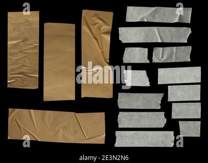 collection of various adhesive tape pieces on black background. Stock Photo