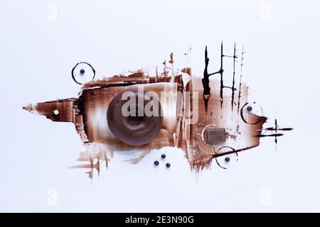 Chocolate donuts and chocoolate on white background. Top view. Stock Photo