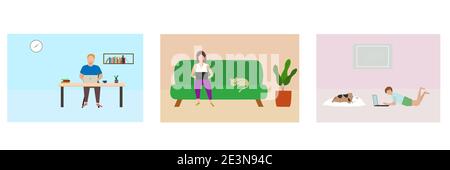 Set of family man and woman working remotely with computer laptop at home. Child study at home. Vector and illustration design. Stock Vector