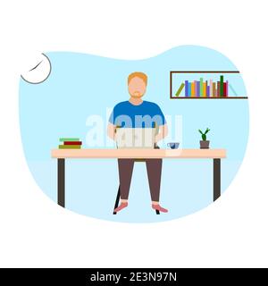 Freelancer man working remotely with computer laptop at home. Vector and illustration design. Stock Vector