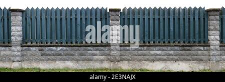 Long old blue solid  wooden rural fence from vertical planks and stones. Isolated on white. Panoramic collage Stock Photo