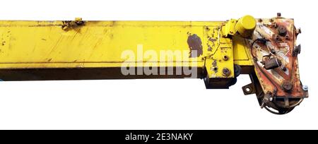 Steel rusty old crane boom and winch. Isolated on white Stock Photo