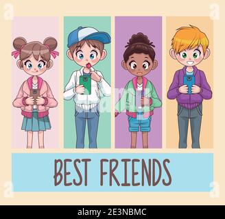 young interracial teenagers kids best friends using smartphones vector illustration design Stock Vector