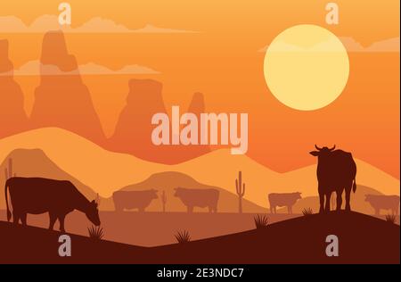 wild west sunset scene with cows in the camp vector illustration design ...