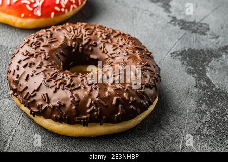 Chocolate donuts set, on gray background Stock Photo