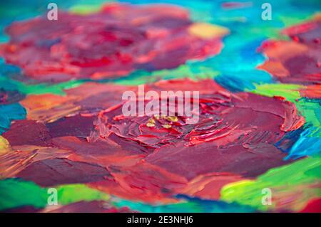 Texture of fresh oil painting strokes made by palette knife. Colorful abstract background with textured paint surface and blurred vignette Stock Photo