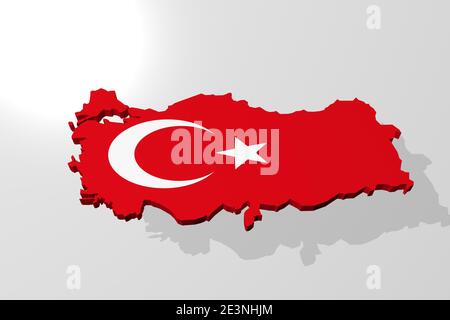 3d render of an flag of Turkey, as an 3d model, shown as a contour of the country Stock Photo