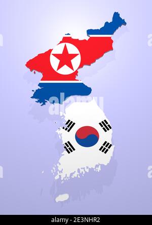 3d render of an flag of North Korea and South Korea, as an 3d model, shown as a contour of the country Stock Photo