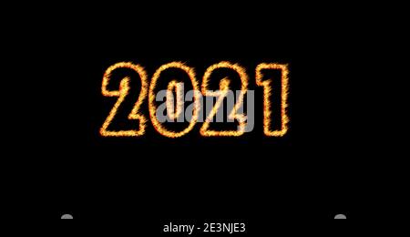 2021 fire flame isolated in black background. Burned 2021 number - Concept Stock Photo