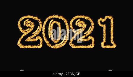 burning 2021 number isolated in black background, Burned 2021 Fire Flame. Burn twenty one Stock Photo