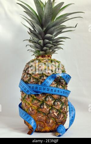 Pineapple wrapped with blue tailoring meter on white background, front view Stock Photo