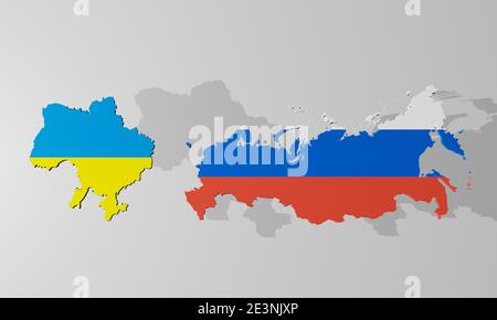 3d render of an flag of Ukraine and Russia, as an 3d model, shown as a contour of the country Stock Photo