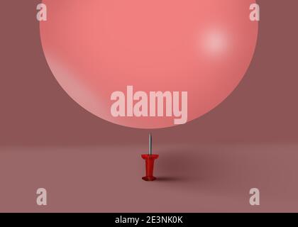 Balloon about to fall on pushpin. Business risk concept, conceptual risky design idea. Action plan Stock Photo