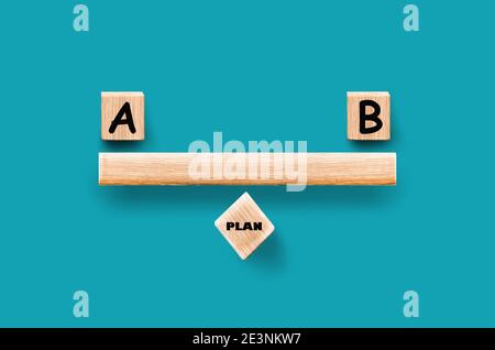 Plan A or Plan B in wooden blocks, Front View, Turquoise background. Choices Balance Concept.