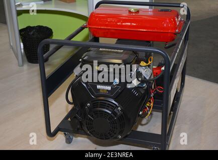 KYIV, UKRAINE - April, 2018: A close-up on a gasoline portable mobile generator, outdoor power equipment to backup the house during power outages. Stock Photo