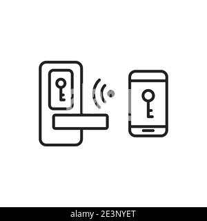 Wireless smart door lock system outline icon vector. Electronic wireless door with key lock symbol on mobile screen for graphic design, logo, web site Stock Vector